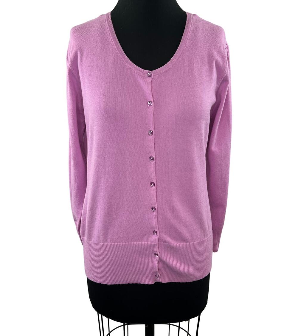 CHARLOTTE TARANTOLA Pink Cardigan Sweater Scoop Crystal Button Size X-Large XL